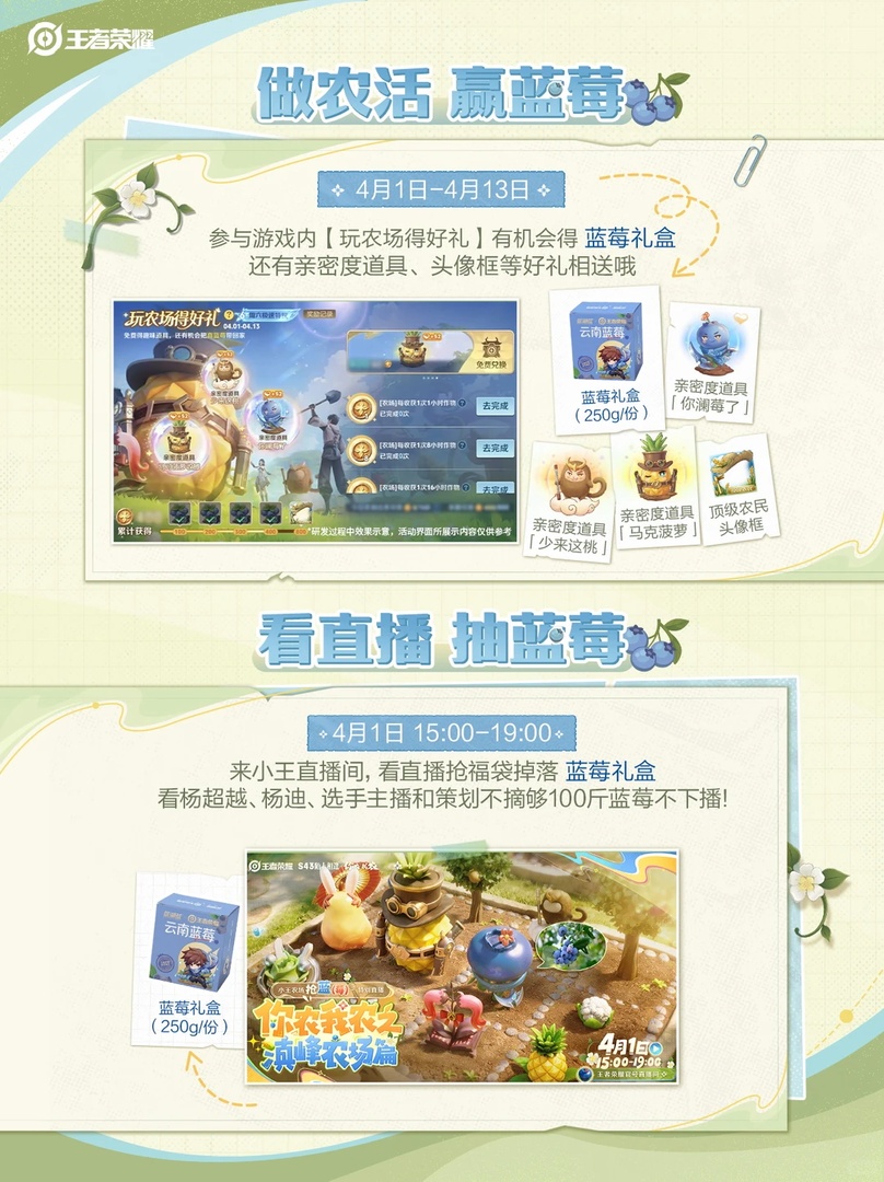 2026年4月王者荣耀官方直播《你农我农之颠峰农场篇》：不摘完100斤蓝莓不许下播